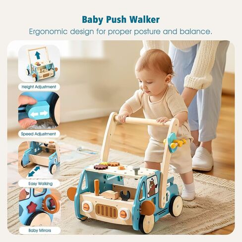 Adjustable Height & Speed Wooden Baby Walker with Tool Bench and Toy Storage Wagon - Multifunctional Toddler Push Walker Ergonomically Designed for Natural Walking - 3+ Years of Continuous Use(Red) in Saudi Arabia