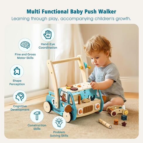 Adjustable Height & Speed Wooden Baby Walker with Tool Bench and Toy Storage Wagon - Multifunctional Toddler Push Walker Ergonomically Designed for Natural Walking - 3+ Years of Continuous Use(Red) in Saudi Arabia