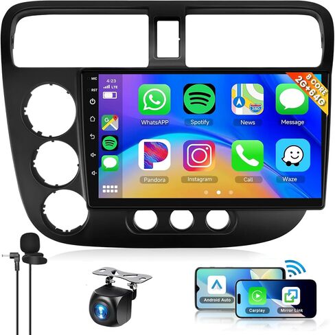8Core 2+64G for Honda Civic 2001-2005 Android Car Stereo Wireless Carplay Android Auto, 9" HD IPS 1280 * 720P Touchscreen Car Radio GPS,WiFi,59UI,32EQ DSP,Bluetooth 5.0+SWC Backup Camera DVR in Saudi Arabia