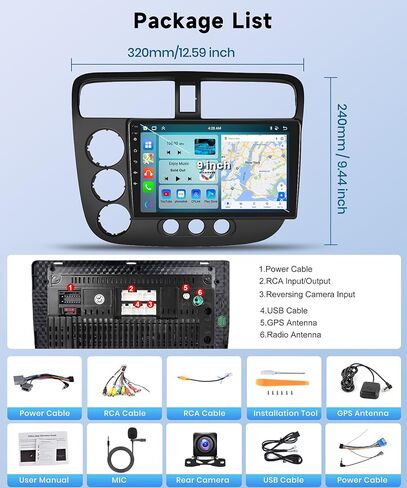 8Core 2+64G for Honda Civic 2001-2005 Android Car Stereo Wireless Carplay Android Auto, 9" HD IPS 1280 * 720P Touchscreen Car Radio GPS,WiFi,59UI,32EQ DSP,Bluetooth 5.0+SWC Backup Camera DVR in Saudi Arabia