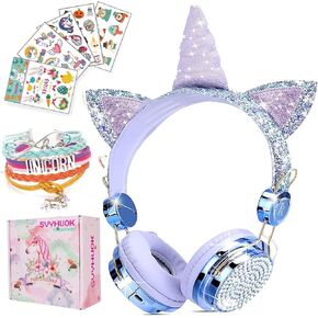 Unicorn Kids Bluetooth Headphones for Girls, Wireless Headphones with Microphone for Teens, Safe Volume Limited 85db POM Cat Ear Over-Ear Headset HD with Mic for School/Tablet/Birthday Xmas Gift