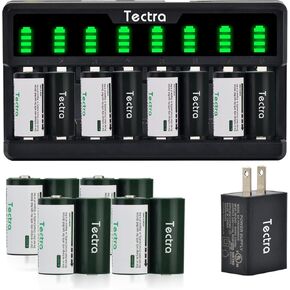 Tectra 8-Packs Rechargeable 123A Batteries and 8-Slots USB Charger Compatible with Arlo Wireless Security Cameras VMK3200/VMC3030/VMS3330/3430/3530