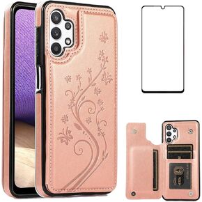 Phone Case for Samsung Galaxy A32 5G 6.5 inch with Tempered Glass Screen Protector Card Holder Wallet Cover Stand Flip Leather Cell Accessories Glaxay A 32 32A S32 G5 A326U Cases Women Men Blue
