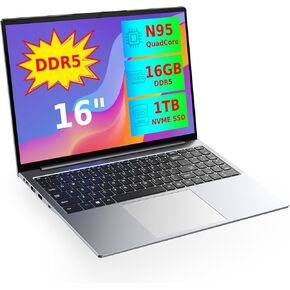 OTVOC Laptop 16 inch Windows 11 Pro, 12th Gen N95, Up to 3.4GHz, 16GB DDR5 RAM, 1TB PCIE NVME SSD, 16" FHD IPS 1920x1200, 2.0MP, 2.4G+5G WiFi, BT 5.0, HDMI, RJ45, Type C, Gray