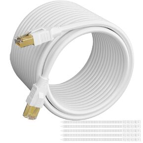 CAT 6E Cat 7 Ethernet Cable 250 Ft White, Elecan High-Speed Triple Shielded Internet Network Cable, S/FTP, POE, 26AWG 10Gbps Long CAT6A RJ45 LAN Cable Cord, Flexible&Durable for Outdoor&Indoor+Ties-WH