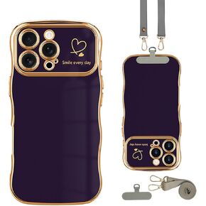 Case for iPhone 16 Pro Max Case,Cute Curly Shape Wavy Frame Love Pattern Sturdy Fit Protective Case Cover for iPhone 16 Pro Max for Girls Women,with Crossbody Lanyard,Dark Purple