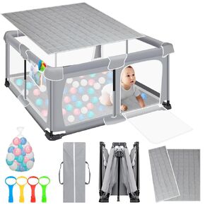 Baby Playpen Foldable,Large Foldable Playpen for Babies and Toddlers,Collapsible Play Pen with Mat,Protable Play Yard with Visible Mesh + 4 Handlers,Folding Baby Activity Center for Indoor & Ourdoor