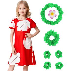 Girls Kids Hawaiian Red Dress Princess Halloween Costume Leaf Summer Dress