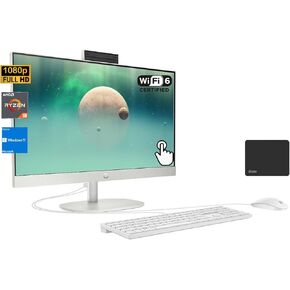 HP All-in-One Desktop, 24'' FHD Touchscreen Display, AMD Ryzen 3 7320u, 8GB RAM, 512GB SSD, Bluetooth, WiFi 6, HD Webcam, Wired Keyboard and Mouse Included, Windows 11 Home, with 5ave Mousepad