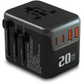 Universal Travel Adapter,adaptador de enchufe de pared internacional de CA de 20 W,cargador de viaje de 2 puertos USB C y 2 puertos USB para EE.UU.UE Reino Unido y Australia