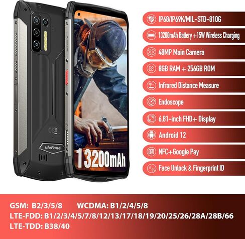 Ulefone Power Armor 13 هاتف ذكي متين، هاتف مقاوم للماء IP68، بطارية 13200 مللي أمبير في الساعة، شحن لاسلكي 15 وات، كاميرا خلفية رباعية 48 ميجابكسل، 6.81 بوصة FHD+، Helio G95 ثماني النواة Android 12، 8 جيجابايت + 256 جيجابايت، ثنائي 4G in Kuwait