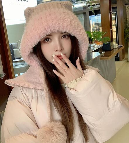 HUAMULAN Women Winter Sherpa Beanie Hats Knit Ear Flaps Peruvian Cover Ears Fleece Lined Ski Snow Hat Pompoms in Kuwait