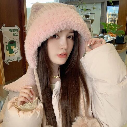 HUAMULAN Women Winter Sherpa Beanie Hats Knit Ear Flaps Peruvian Cover Ears Fleece Lined Ski Snow Hat Pompoms in Kuwait
