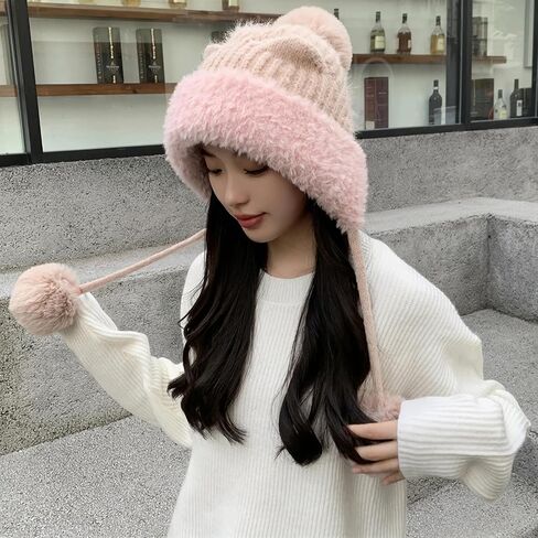 HUAMULAN Women Winter Sherpa Beanie Hats Knit Ear Flaps Peruvian Cover Ears Fleece Lined Ski Snow Hat Pompoms in Kuwait