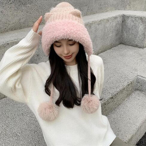 HUAMULAN Women Winter Sherpa Beanie Hats Knit Ear Flaps Peruvian Cover Ears Fleece Lined Ski Snow Hat Pompoms in Kuwait
