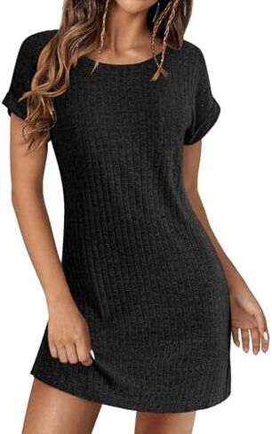 Ekouaer Women's Nightgown Ribbed Knit Sleepshirt Short Sleeve Nightshirt Casual Crew Neck Sleepwear in Saudi Arabia