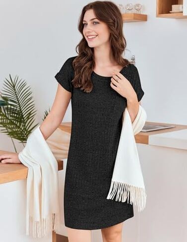 Ekouaer Women's Nightgown Ribbed Knit Sleepshirt Short Sleeve Nightshirt Casual Crew Neck Sleepwear in Saudi Arabia