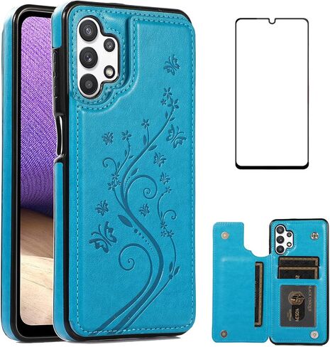 Phone Case for Samsung Galaxy A32 5G 6.5 inch with Tempered Glass Screen Protector Card Holder Wallet Cover Stand Flip Leather Cell Accessories Glaxay A 32 32A S32 G5 A326U Cases Women Men Blue in Saudi Arabia
