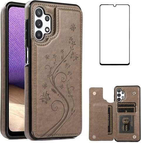 Phone Case for Samsung Galaxy A32 5G 6.5 inch with Tempered Glass Screen Protector Card Holder Wallet Cover Stand Flip Leather Cell Accessories Glaxay A 32 32A S32 G5 A326U Cases Women Men Blue in Saudi Arabia