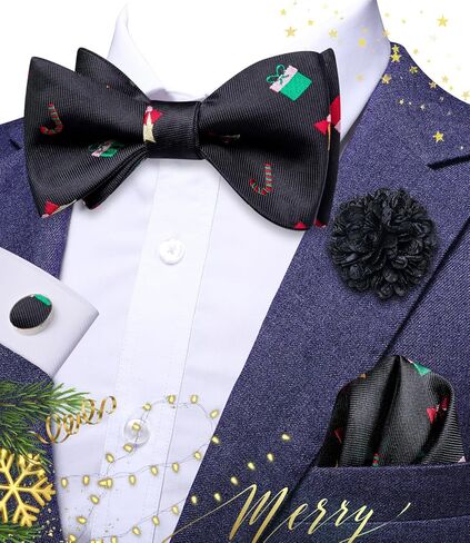 Hi-Tie Christmas Bowtie for Men Self Bow Tie Lapel Pin Sets Pocket Square Cufflinks Silk Xmas Party Festival in Kuwait