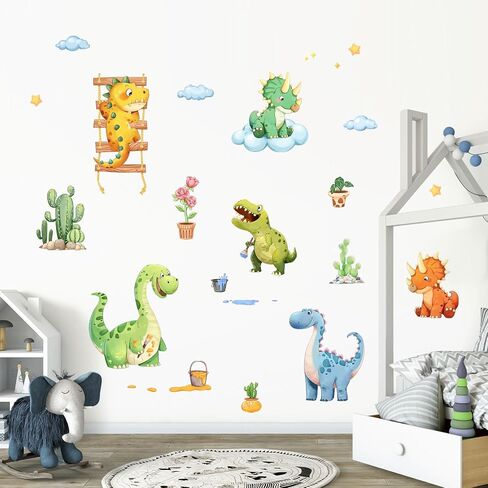 Watercolor Baby Dinosaur Wall Decals, Cute Dino Volcano Wall Stickers Tropical Leaf Palm Tree Peel and Stick Wall Decal Self Adhesive Wall Art Sticker for Baby Nursery Kids Room Home Decor in Kuwait