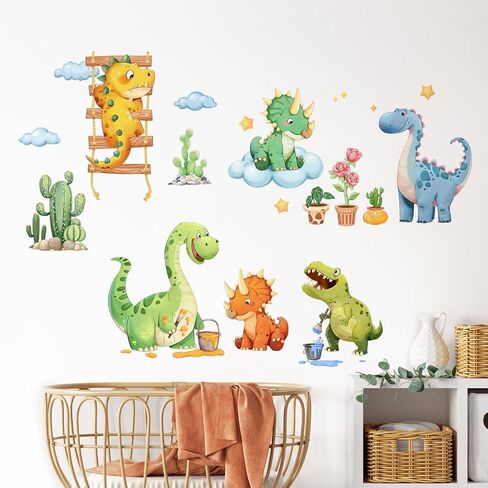 Watercolor Baby Dinosaur Wall Decals, Cute Dino Volcano Wall Stickers Tropical Leaf Palm Tree Peel and Stick Wall Decal Self Adhesive Wall Art Sticker for Baby Nursery Kids Room Home Decor in Kuwait