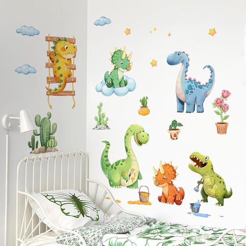 Watercolor Baby Dinosaur Wall Decals, Cute Dino Volcano Wall Stickers Tropical Leaf Palm Tree Peel and Stick Wall Decal Self Adhesive Wall Art Sticker for Baby Nursery Kids Room Home Decor in Kuwait