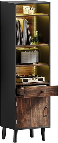 DWVO Large Record Player Stand with Power Outlets & LED Light, Media Storage Cabinet Holds Up to 540 Albums, Turntable Stand with Wooden Legs for Living Room, Walnut in Saudi Arabia