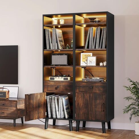 DWVO Large Record Player Stand with Power Outlets & LED Light, Media Storage Cabinet Holds Up to 540 Albums, Turntable Stand with Wooden Legs for Living Room, Walnut in Saudi Arabia