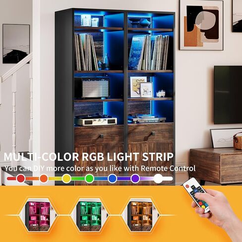 DWVO Large Record Player Stand with Power Outlets & LED Light, Media Storage Cabinet Holds Up to 540 Albums, Turntable Stand with Wooden Legs for Living Room, Walnut in Saudi Arabia