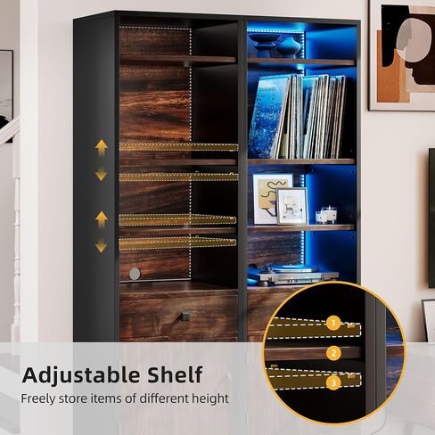 DWVO Large Record Player Stand with Power Outlets & LED Light, Media Storage Cabinet Holds Up to 540 Albums, Turntable Stand with Wooden Legs for Living Room, Walnut in Saudi Arabia
