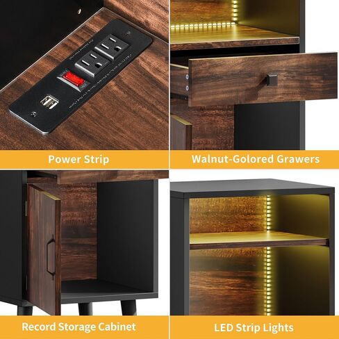 DWVO Large Record Player Stand with Power Outlets & LED Light, Media Storage Cabinet Holds Up to 540 Albums, Turntable Stand with Wooden Legs for Living Room, Walnut in Saudi Arabia