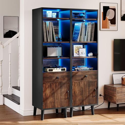 DWVO Large Record Player Stand with Power Outlets & LED Light, Media Storage Cabinet Holds Up to 540 Albums, Turntable Stand with Wooden Legs for Living Room, Walnut in Saudi Arabia