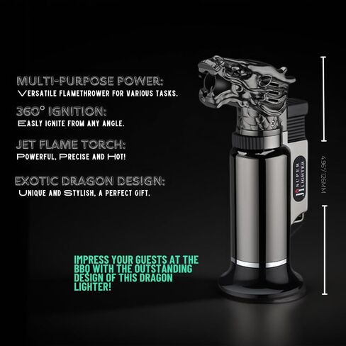 Bright Fire Dragon Lighter, Windproof Jet Flame Butane Refillable, Multipurpose, Culinary, Vintage, Kitchen Cooking Torches, Mini Torch, Gifts for Men Unique, BBQ (Butane is Not Included) in Saudi Arabia