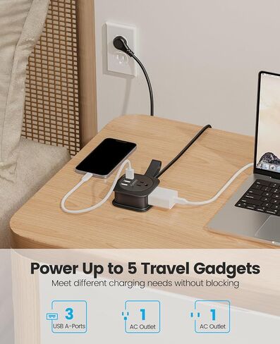 ORICO Travel Essentials,Travel Power Strip with USB Ports,2 Outlets 3 USB Ports 4ft Wrapped Around Short Extension Cord,Non Surge Protector for Hotel,Travel,Cruise Ship Essentials,Dorm Room in Saudi Arabia
