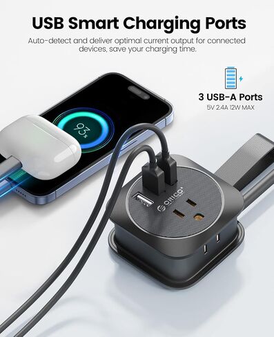ORICO Travel Essentials,Travel Power Strip with USB Ports,2 Outlets 3 USB Ports 4ft Wrapped Around Short Extension Cord,Non Surge Protector for Hotel,Travel,Cruise Ship Essentials,Dorm Room in Saudi Arabia