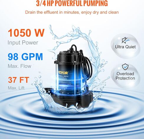 مضخة مياه الصرف الصحي VEVOR 1/2 HP، مضخة مستنقع غاطسة من الحديد الزهر والصلب، تفريغ 1-1/2 بوصة NPT مع سلك بطول 10 أقدام، مفتاح تعويم تلقائي مع قابس خلفي خنزير، لتصريف المياه الداخلي والخارجي in Kuwait
