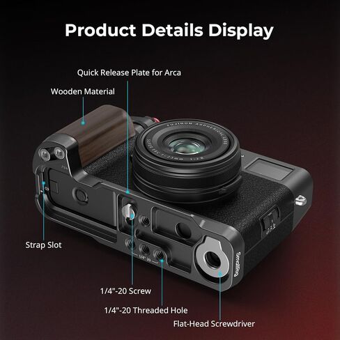 مقبض يد SmallRig X100VI / X100V، مقبض خشبي على شكل حرف L لكاميرا FUJIFILM X100VI / X100V، لوحة مدمجة سريعة التحرير لـ Arca، مع زر مصراع وغطاء حذاء ساخن، فضي - 4804 in Kuwait
