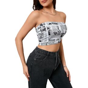 WDIRARA Women's Newspaper Print Crop Bandeau Strapless Sleeveless Letter Print Tube Top