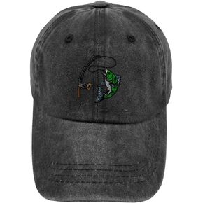 Vintage Washed Hat Sport Fishing Fish Logo Embroidery Cotton Dad Hats for Men & Women Buckle Closure Black Design Only