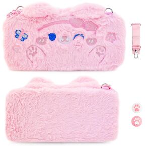 RHOTALL Pink Cat Plush Carry Case Compatible with Nintendo Switch/OLED,Cute Portable Travel Protective Crossbody Bag with A Removable Shoulder Strap,2 Thumb Caps