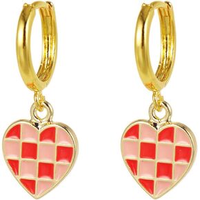 Gold Plated Checker Small Hoop Earrings Dainty Simple Enamel Checkerboard Black White Grid Round Circle Lightweight C shaped Huggie Hoop Earrings for Women Teen Girls 70s 80s Birthday Party Jewelry Gifts
