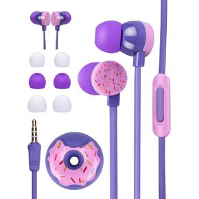 Wired Earbuds for Kids in-Ear Headphones, Cute Donut Kids Earphones for School, Flat Cable Cute Earbud with Microphone and Lovely Kids Ear Buds Storage Case for Girls Boys and Adults (Purple)