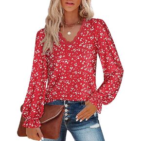 Misyula Womens Lace V Neck Puff Long Sleeve Eyelet Tops Dressy Business Casual Work Shirts Blouse S-XXL