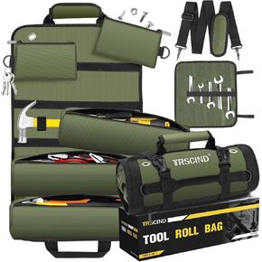 Tool Bag Roll Up, Tool Bag Organizer w/Detachable Pockets&Wrench Roll, Gifts for Men Dad Him Husband Christmas Stocking Stuffers, Heavy Duty Tool Pouch, Portable Tool Box for Motorcycle, Car（Khaki）