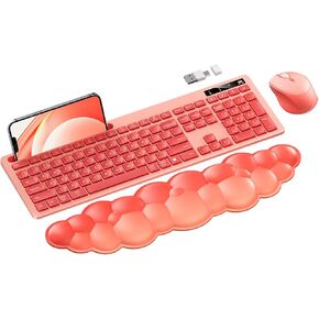 seenda Wireless Keyboard and Mouse with Cloud Wrist Rest, Full-Size Cute Keyboard with Phone Holder, USB A&Type C Receiver, Cordless Connection for Mac/Windows/PC, Hot Pink