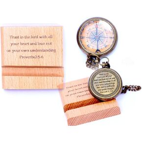 Trust in The Lord with All Your Heart - Proverbs 3: 5-6 Quote Engraved Compass with Wooden Stand, Christian Gift for Men & Women, God's Compass, Graduation Day, Baptism Gifts