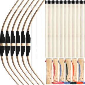 6 Set Kids Bow and Arrow Set, Wooden Bow and Arrow Prop Inlcude 6 Archery Bow, 30 Wooden Arrows and 6 Wood Arrow Quivers, Gifts for Teens Youth Boys Girls Children Outdoor Indoor Play