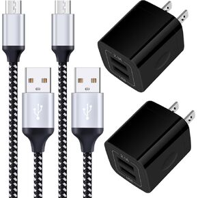 شاحن أندرويد، 2 حزمة 2.1 أمبير بمنفذ مزدوج USB لشحن الشاحن مع كابل شحن سريع بطول 6 أقدام، كابل USB صغير لشواحن الهاتف، سلك أندرويد لهاتف Samsung Galaxy S7 S6 S5 J7V J7 J8 Note 5، LG K40 K30 K20 G3