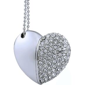 128GB Crystal Loving Heart Jewelry USB Flash Drive Memory Stick with Necklace,Silver